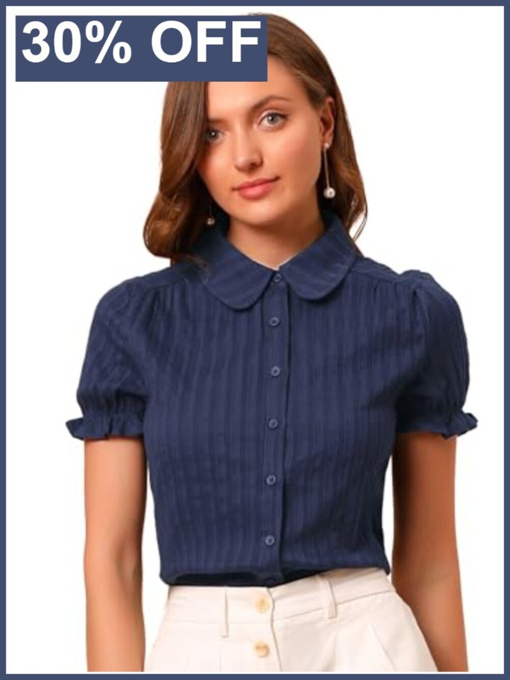 Allegra K Women's Cotton Peter Pan Collar Blouse Vintage Retro Short Sleeve